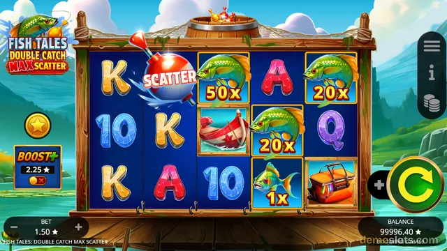 A 5x3 fishing-themed slot game titled Fish Tales: Double Catch Max Scatter, showing a red SCATTER symbol and several fish symbols with multipliers on a wooden reel frame over a lake landscape.
