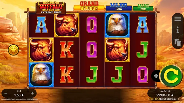 A 5x3 slot grid showing buffalo, eagle, and letter symbols against a desert canyon backdrop, with jackpot labels above and bet and balance displays below.