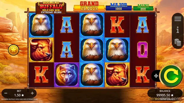 A 5x3 slot grid titled Booming Buffalo Hold and Win Extreme 25,000 displays a mix of animal and letter symbols on a desert canyon background.