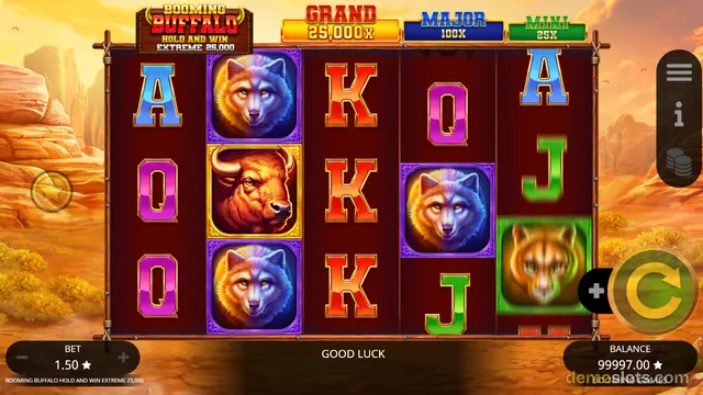 A slot game titled Booming Buffalo Hold and Win Extreme 25,000 shows a 5x3 reel grid with symbols including a wolf, buffalo, and card letters.