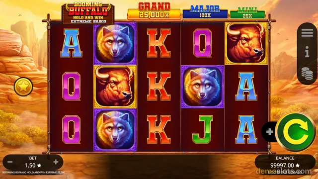 A 5-reel, 3-row slot game titled Booming Buffalo Hold and Win Extreme 25,000 shows a settled base game grid with buffalo and wolf symbols.