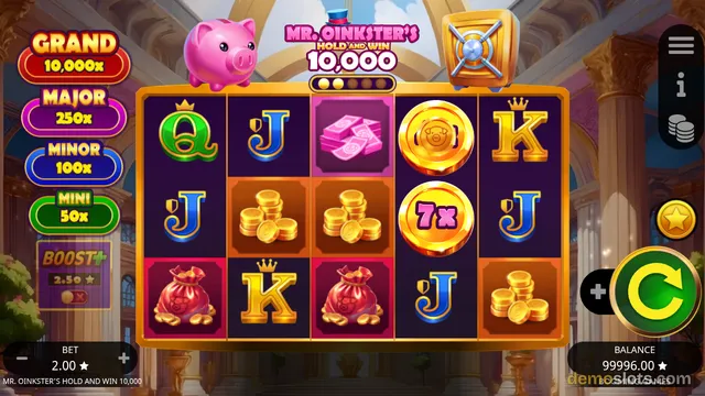A slot game titled Mr. Oinkster's Hold and Win shows a 5x3 reel grid with various symbols including letters, coins, and a piggy bank.