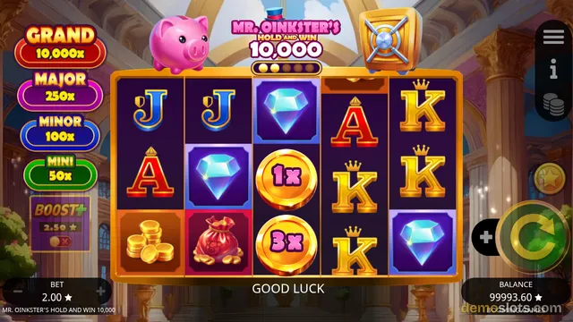 A 5x3 slot game grid titled Mr. Oinkster's Hold and Win 10,000 shows symbols including J, A, K, diamonds, coins with 1x and 3x values, gold stacks, and a red money bag.