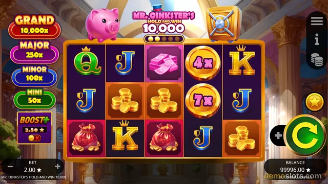A 5x3 slot game grid titled MR. OINKSTER'S HOLD AND WIN 10,000 shows a fully rendered base game with a piggy bank, a vault, and various coin and card symbols.