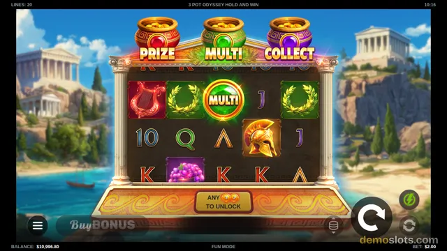 A 5x3 slot game grid with Greek-themed symbols and three golden pots labeled PRIZE, MULTI, and COLLECT above the reels.