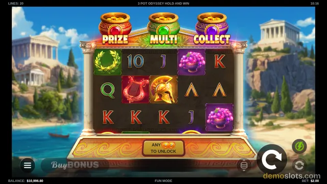 A 5x3 slot grid with Greek-themed symbols is displayed against a backdrop of classical temples and a blue sea, with three golden pots labeled PRIZE, MULTI, and COLLECT above the reels.