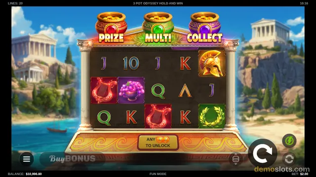 A fully rendered 5x3 slot grid titled 3 Pot Odyssey Hold and Win, showing Greek-themed symbols including a helmet, grapes, a lyre, and a laurel wreath, with three potted jackpot meters labeled PRIZE, MULTI, and COLLECT above the reels and a Buy Bonus button below.
