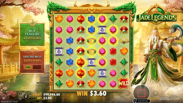 A slot game interface titled Jade Legends displays a 7 by 7 grid of symbols including gems, crowns, and scrolls, with a win of $3.60 shown at the bottom and a Chinese emperor figure on the right.