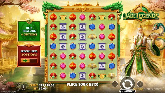 A fully rendered slot game screen titled Jade Legends displaying a 7x7 grid of Chinese-themed symbols on a green background.