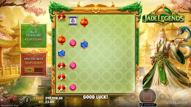 A screenshot of the Pragmatic Play slot game 'Jade Legends' showing a partially populated 5x5 grid with the text 'GOOD LUCK!' at the bottom.