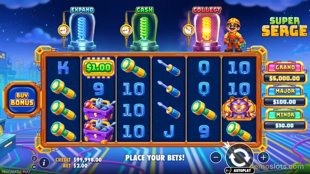 A screenshot of the Pragmatic Play slot game Super Serge showing a 5-reel grid with construction-themed symbols and a 'Place Your Bets' prompt.
