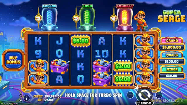 A brightly rendered slot game grid displays a settled result with a character in the final column and dollar bill symbols on the reels.