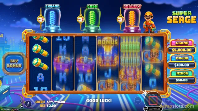A slot game screen showing a 6x4 grid with a construction and neon theme, featuring three glowing bulbs labeled Expand, Cash, and Collect above the reels.