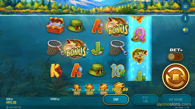 A slot game screen displays a 5x3 grid of fishing-themed symbols on an underwater background with a lake and autumn trees above the waterline.