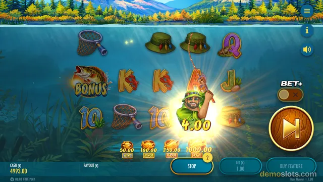 A slot game showing a 5x3 grid of fishing-themed symbols with a glowing win highlight on the center reels and a total payout of 4.00 displayed.