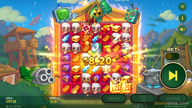 A 6-reel slot game grid is fully rendered with cartoon-style symbols including chefs, hot dogs, sandwiches, and bottles, with a large payout of 18.20 displayed in the center.