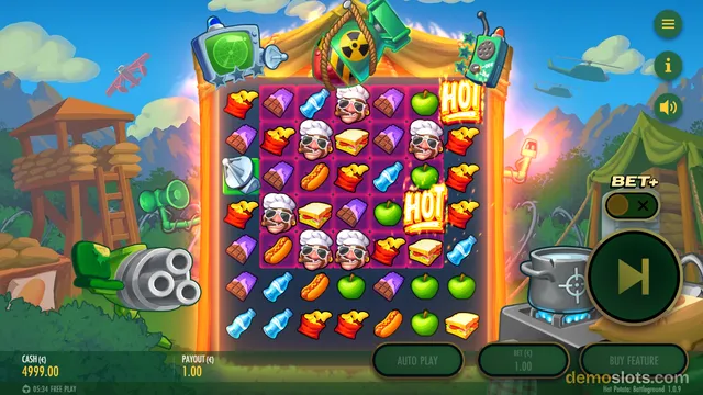 A slot game grid with cartoon-style symbols set against a military camp background, with a large central play button and a bet panel on the right.
