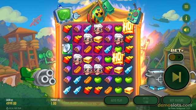 A slot game grid shows cartoon symbols like chef characters, sandwiches, and apples, with a purple highlighted cluster area and a HOT label, set against a military camp background.