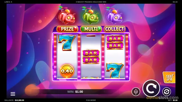 A slot game screen featuring three animated pigs with propellers above a 3x3 grid of symbols including bars, sevens, and a coin.