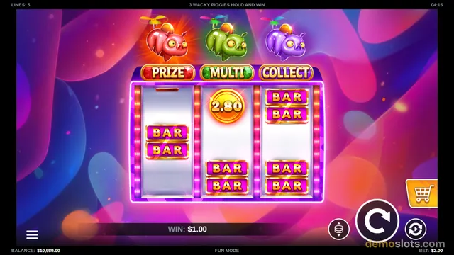 A 3-reel slot game screen showing BAR symbols and a multiplier coin with pig characters above the reels.