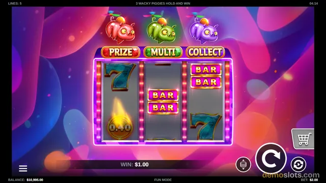 A 3x3 slot game grid displays a collection of symbols including BARs, 7s, and a 0.40 multiplier coin, with three hovering pigs above the reels.