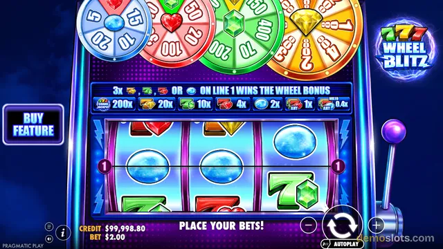 A screenshot of the Wheel Blitz slot game by Pragmatic Play showing a 5x3 reel grid with a blue moon symbol on the center row, four large spinning wheels at the top, and a 'BUY FEATURE' button on the left.