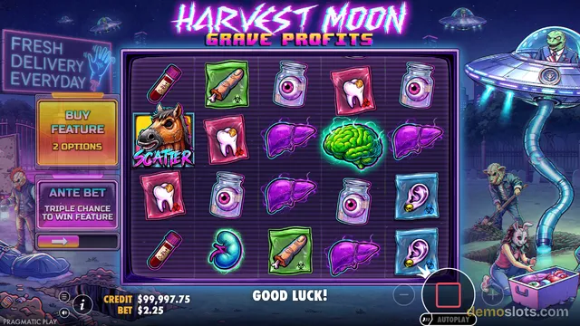 A 5x4 grid of slot symbols including a horse scatter, jars of eyes, and purple livers is displayed under the title 'Harvest Moon: Grave Profits'.