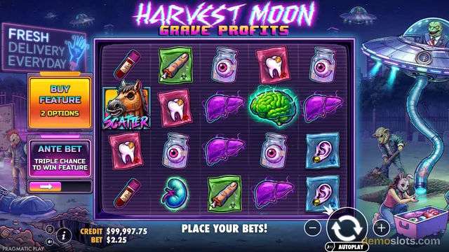 A fully rendered slot game screen titled 'Harvest Moon: Grave Profits' displaying a 5x4 grid of symbols with a 'PLACE YOUR BETS!' prompt at the bottom.
