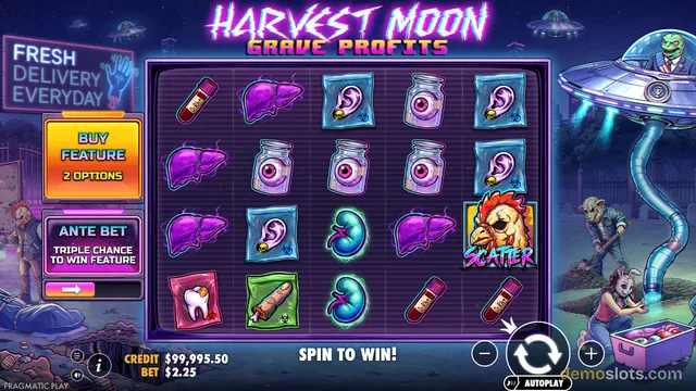 A slot game screen showing a 5x4 grid of symbols including purple livers, jars with eyeballs, and vials of blood, set against a dark graveyard background with a UFO on the right.