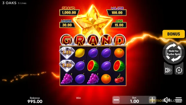 A 5x3 slot machine grid displays fruit symbols with a large golden star and the word GRAND above the reels against a red, lightning-filled background.