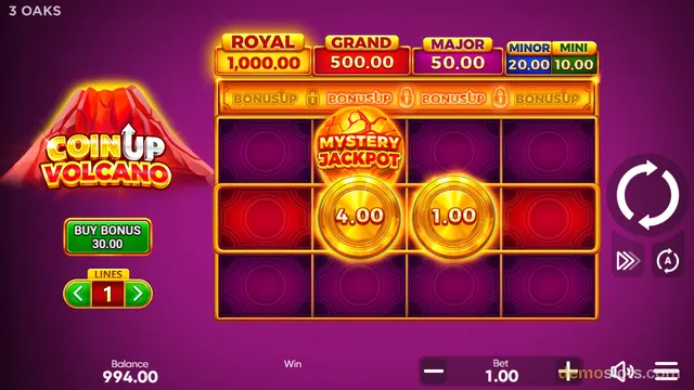 A brightly rendered 3x5 slot game grid displaying a Mystery Jackpot and coin symbols against a purple background.