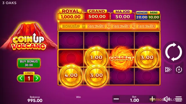 A slot game screen titled 'Coin Up Volcano' shows a 3x4 grid of reels containing gold coins with values and a collect symbol against a purple background.