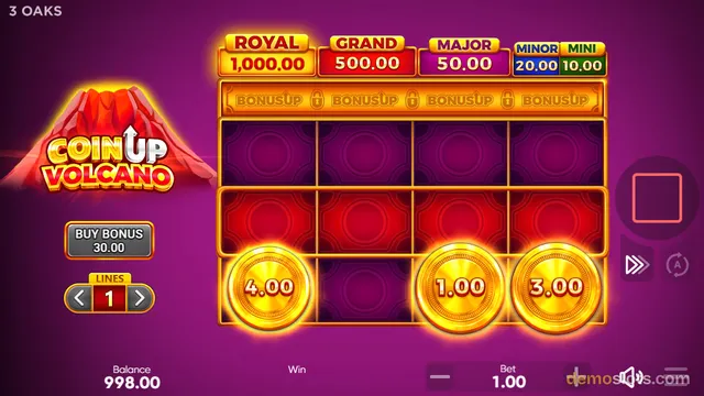 A 4x3 slot game interface titled 'Coin Up Volcano' displays a grid of empty cells in purple and red with three gold coins containing numbers on the bottom row, alongside jackpot meters and a 'Buy Bonus' button.