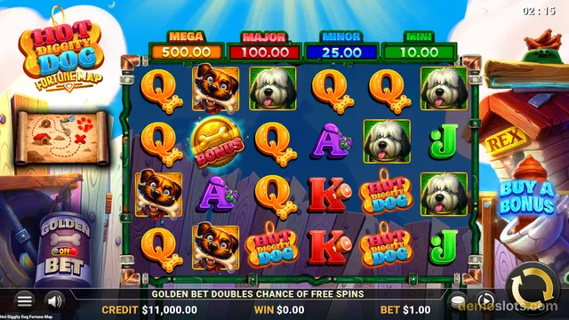 A 5-reel slot game titled Hot Diggity Dog Fortune Map shows a fully rendered grid of symbols including dogs, letters, and a bonus icon, with jackpot values displayed above the reels.