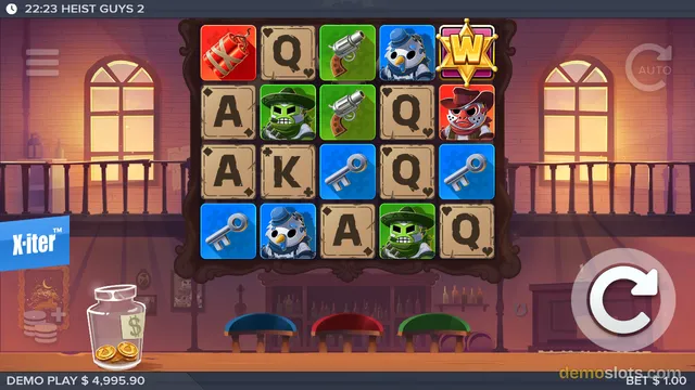 A screenshot of the Heist Guys 2 slot game showing a 5x4 grid of symbols including playing cards, keys, a bomb, revolvers, and heist characters in a western-themed setting.