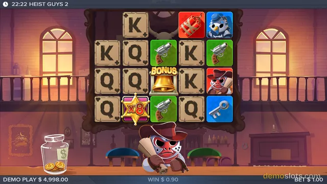 A screenshot of a 5x4 slot game featuring a heist theme with playing cards, guns, and masked characters on a grid against a warm-toned interior background.