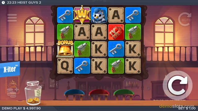 A screenshot of the slot game Heist Guys 2 showing a 5x4 grid of symbols against a dimly lit bar or saloon background.