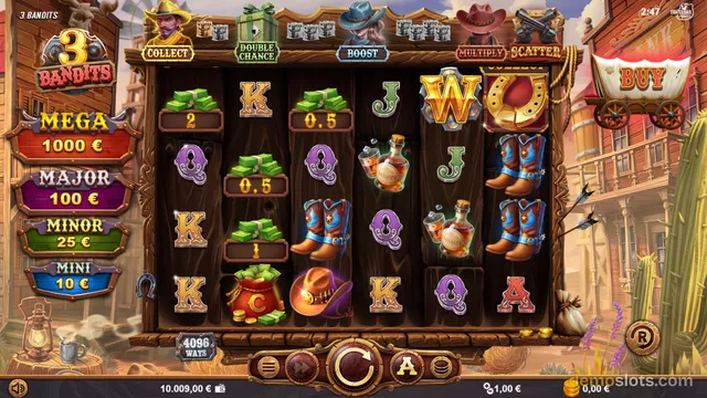A 5-reel slot game titled 3 Bandits shows a western-themed grid with symbols like money stacks, cowboy boots, whiskey bottles, and letter tiles.