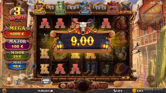 A Western-themed slot game shows a 4x5 grid with a win of 9.00 credits, featuring letter symbols and a cowboy hat.