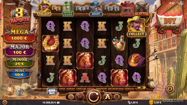 A 5x4 slot game titled 3 Bandits shows a western-themed grid with symbols like horseshoes, whiskey bottles, and cowboy hats, with jackpot values listed on the left and a buy feature on the right.