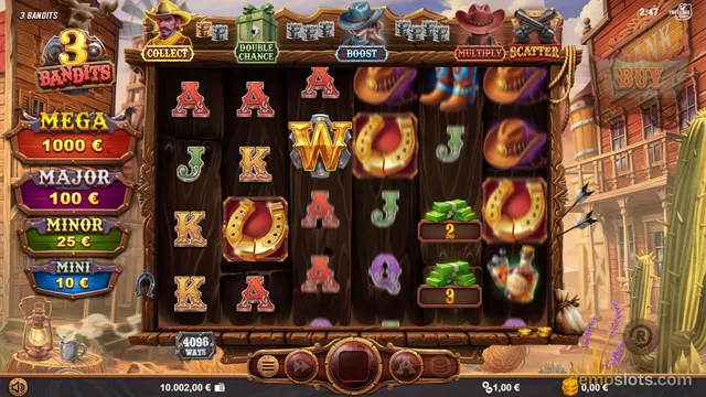 A 5x4 slot game titled 3 Bandits shows a western-themed reel grid with various symbols and jackpot values on the left side.