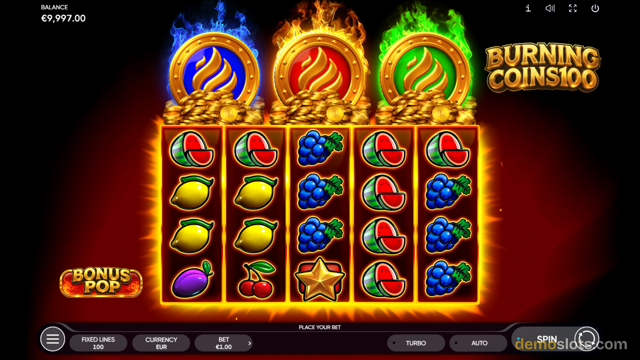 A 5x3 slot game with colorful fruit symbols and burning coin premium symbols at the top.