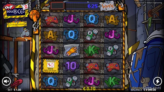 A 5x4 slot game grid showing cartoon-style symbols including letters, a hand in a bag, and cans, with a total win of 0.10 euros displayed at the bottom.