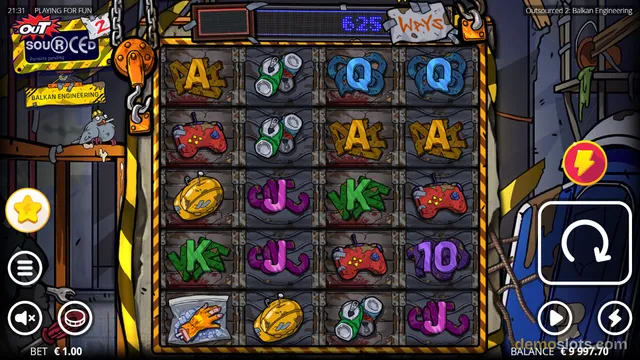 A 5-row by 4-column slot game grid showing cartoon symbols like yellow A letters, crushed soda cans, blue Q letters, and red game controllers.