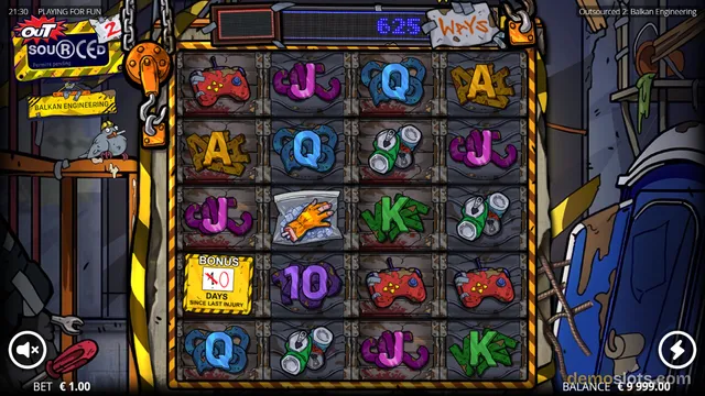 A 5x4 slot grid titled Outsourced 2. Balkan Engineering shows a full board of symbols including a red game controller, purple letter J, blue letter Q, yellow letter A, crushed soda cans, a bag of chips, green letter K, purple number 10, and a yellow bonus sign.