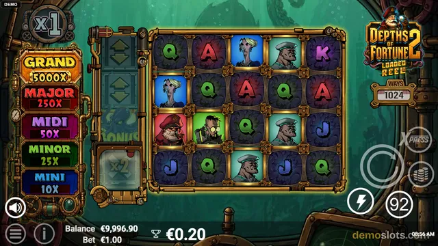 A 5x4 grid of slot symbols is displayed in a steampunk-themed interface with a green underwater background.