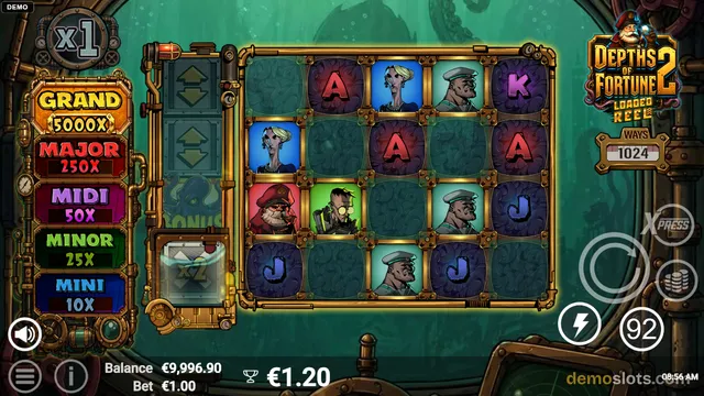 A screenshot of the slot game Depths of Fortune 2 showing a 5x4 grid of symbols with characters and letters against a steampunk underwater background.