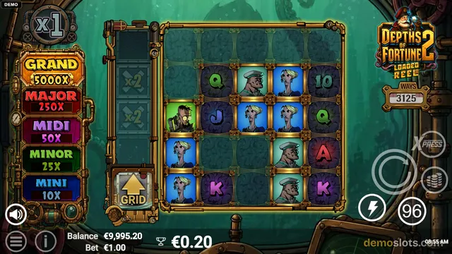 A fully rendered slot game screen showing a 5x4 grid of underwater-themed symbols with a brass frame and steampunk-style interface elements.