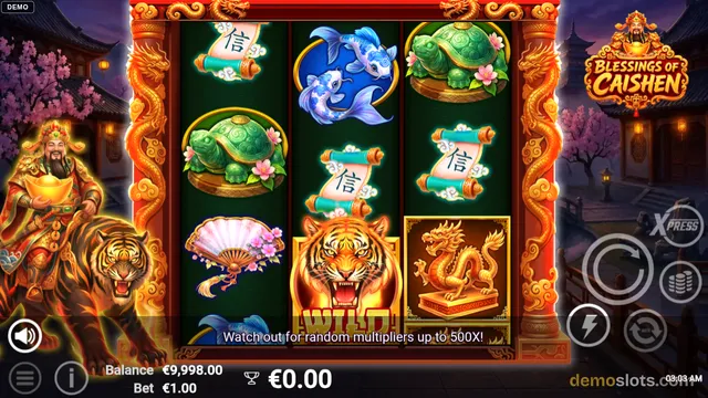 A settled slot game grid shows a 3x3 layout with symbols including a tiger wild, turtles, fish, scrolls, a fan, and a golden dragon, with a decorative frame and a side character.