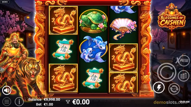 A 3-reel slot game titled Blessings of Caishen shows a settled grid with golden dragons, turtles, fish, fans, and scrolls, surrounded by ornate red and gold frame elements and a tiger character.